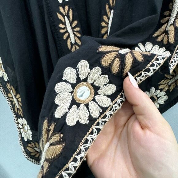 Anthropologie Raga Womens Black Floral Embroidered Open Front Cardigan Kimono Me - Picture 4 of 10